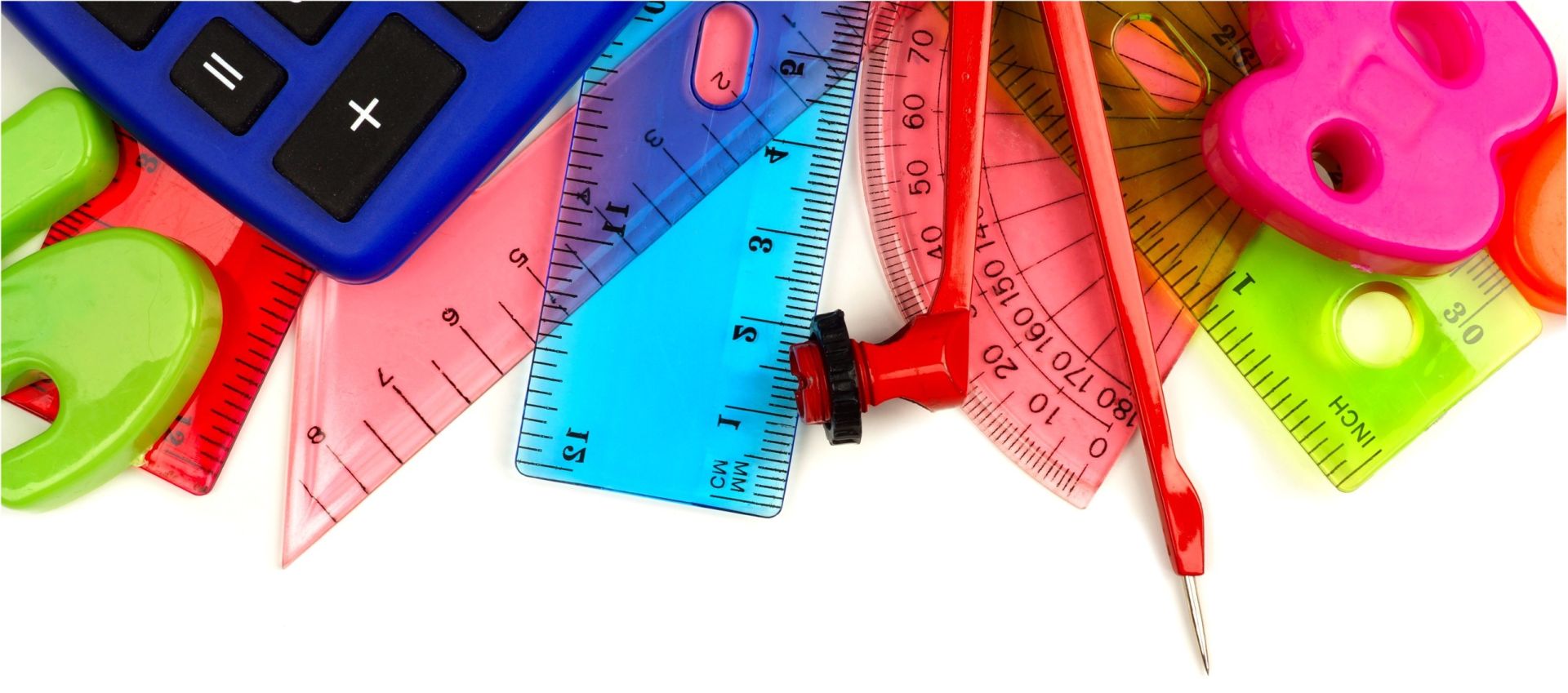 brightly colored protractor, ruler, calculator, and other math tools.